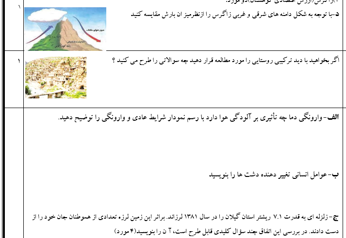 امتحان جغرافیای ایران پایه دهم ترم اول کلیه رشته ها