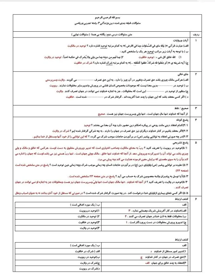 سوالات دین و زندگی دوازدهم تجربی و ریاضی طبقه بندی شده همراه با پاسخنامه تشریحی