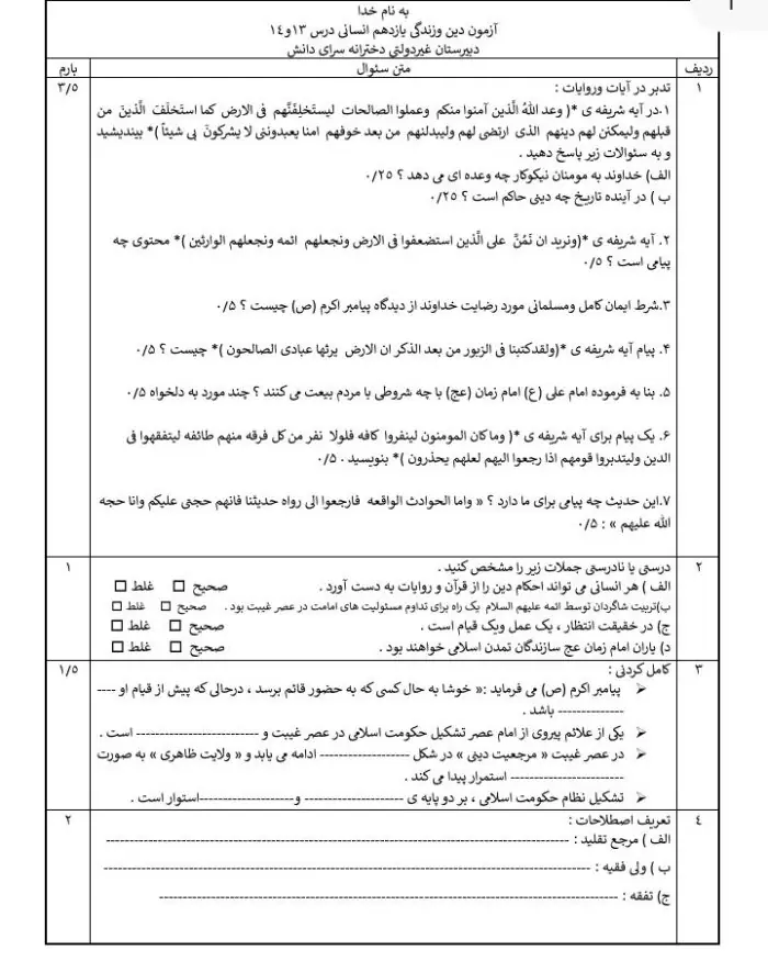 سئوالات امتحانی درس 13و14 دین و زندگی یازدهم انسانی 1 سئوالات امتحانی درس 13و14 دین و زندگی یازدهم انسانی