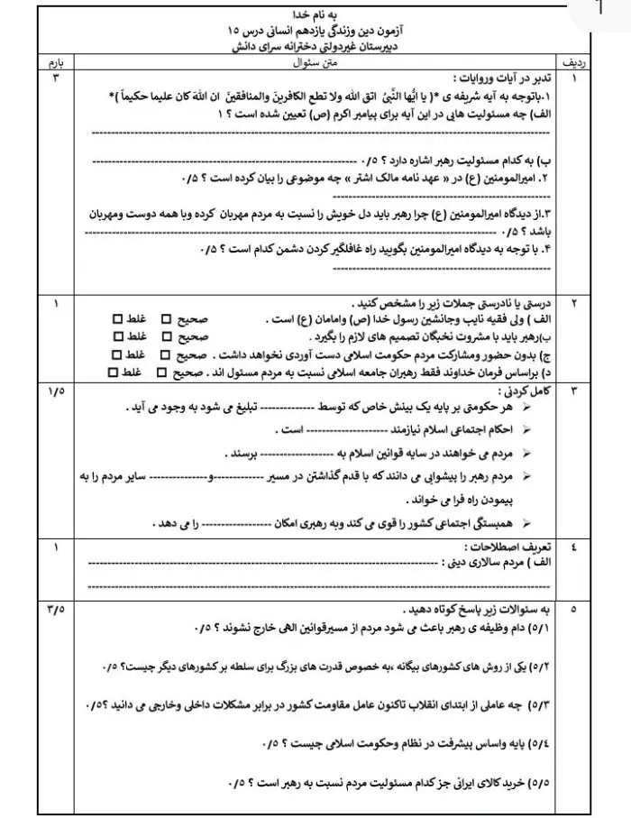 سئوالات امتحانی درس 15 دین و زندگی یازدهم انسانی بهمراه پاسخنامه