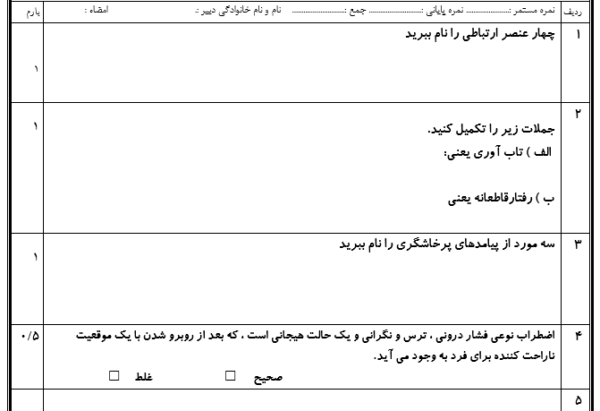 امتحان تفکر و سبک زندگی هفتم ترم دوم با جواب