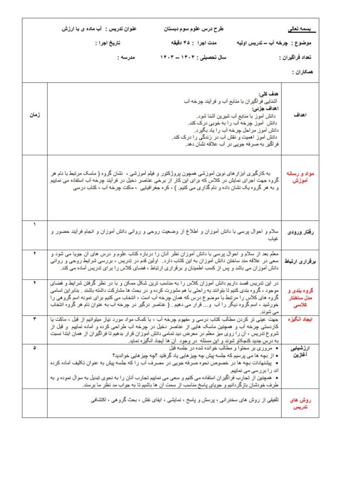 فایل آماده درس پژوهی چرخه آب (شامل طرح درس اولیه و ثانویه) در قالب دو فایل word