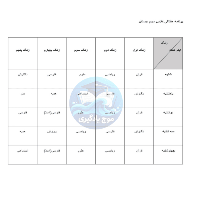 برنامه هفتگی پایه سوم دبستان قابل ویرایش | Word و PDF