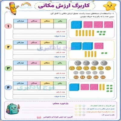 کاربرگ های فصل 2 ریاضی سوم دبستان مجموعه 3عددی